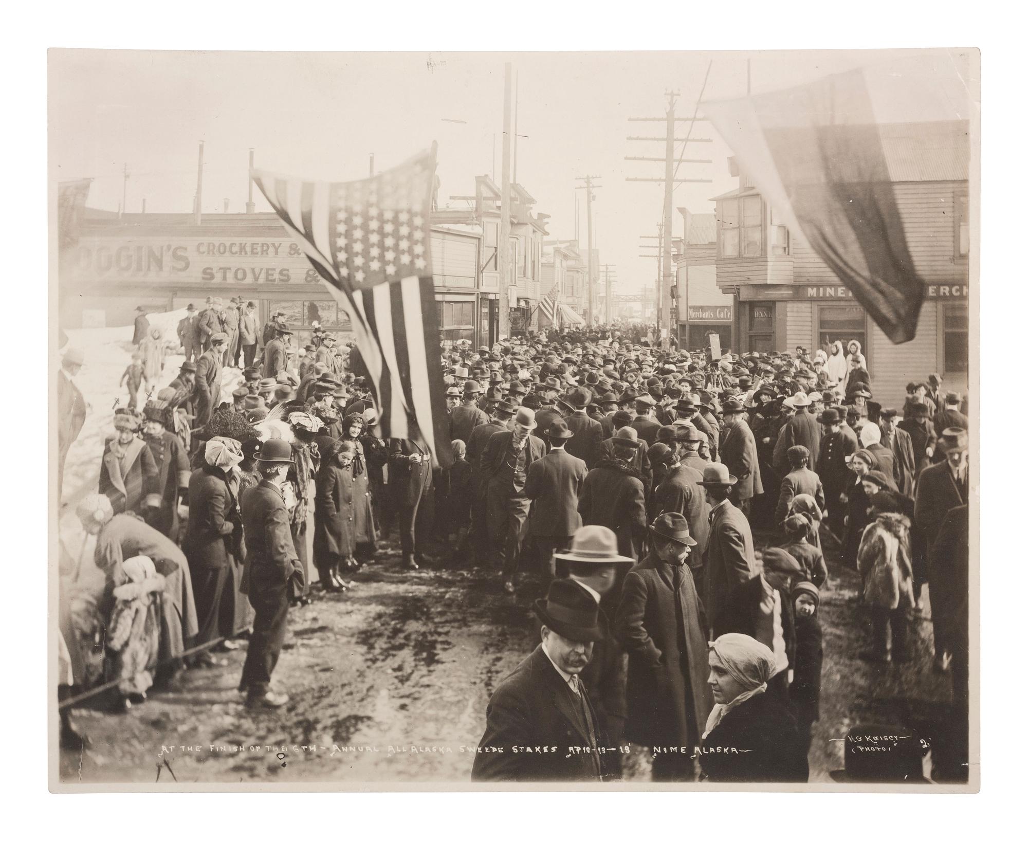 Alaska A group of 3 photographs of Alaska scenes incl. the finish line of the 6th Annual All Alaska Sweep Stakes in Nome. 1910s.