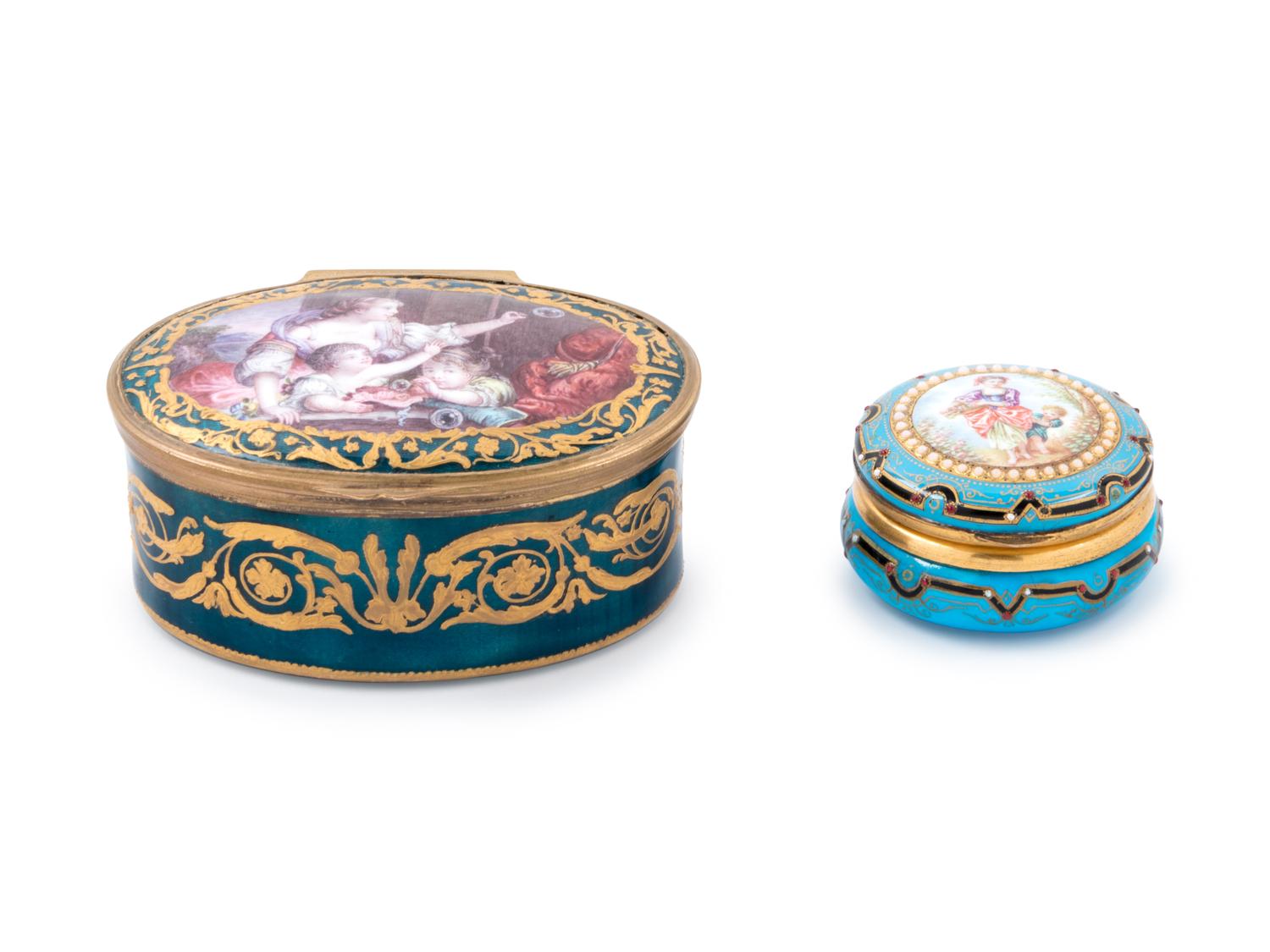 A Sèvres Style "Jeweled" Porcelain Snuff Box and a French Guilloché Enameled Snuff Box