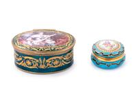 A Sèvres Style "Jeweled" Porcelain Snuff Box and a French Guilloché Enameled Snuff Box