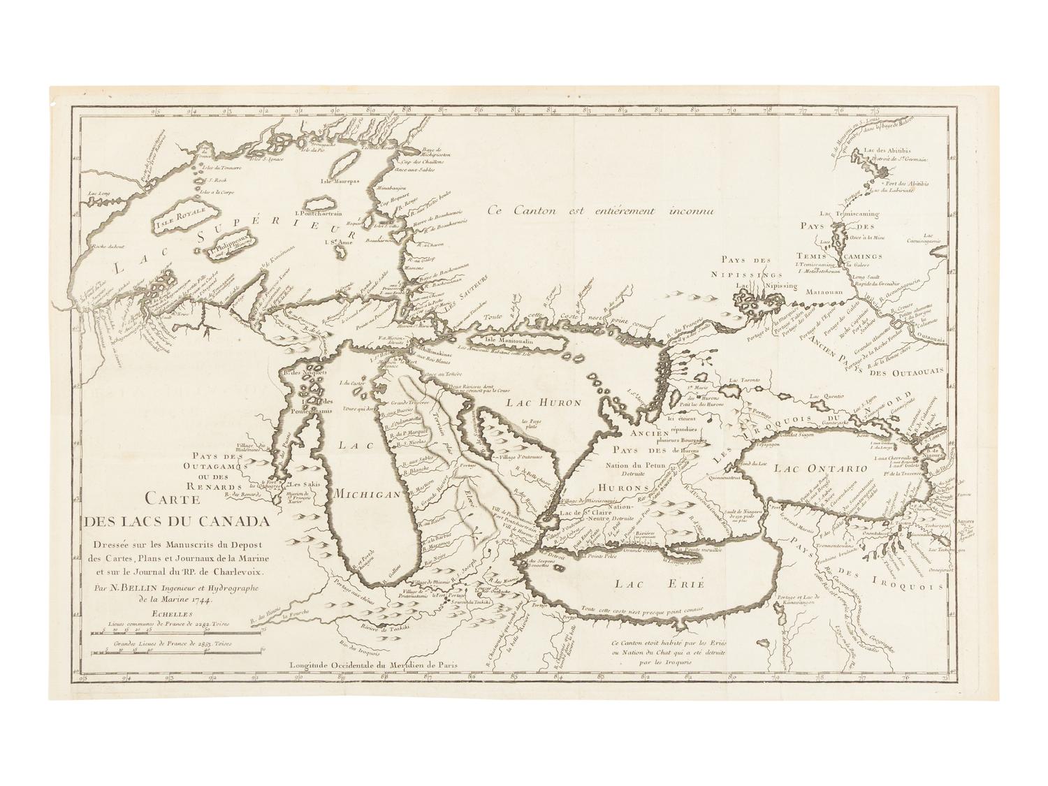 [MAP]. BELLIN, Jacques Nicolas (1703-1772). Carte des Lacs du Canada . Paris, 1744.