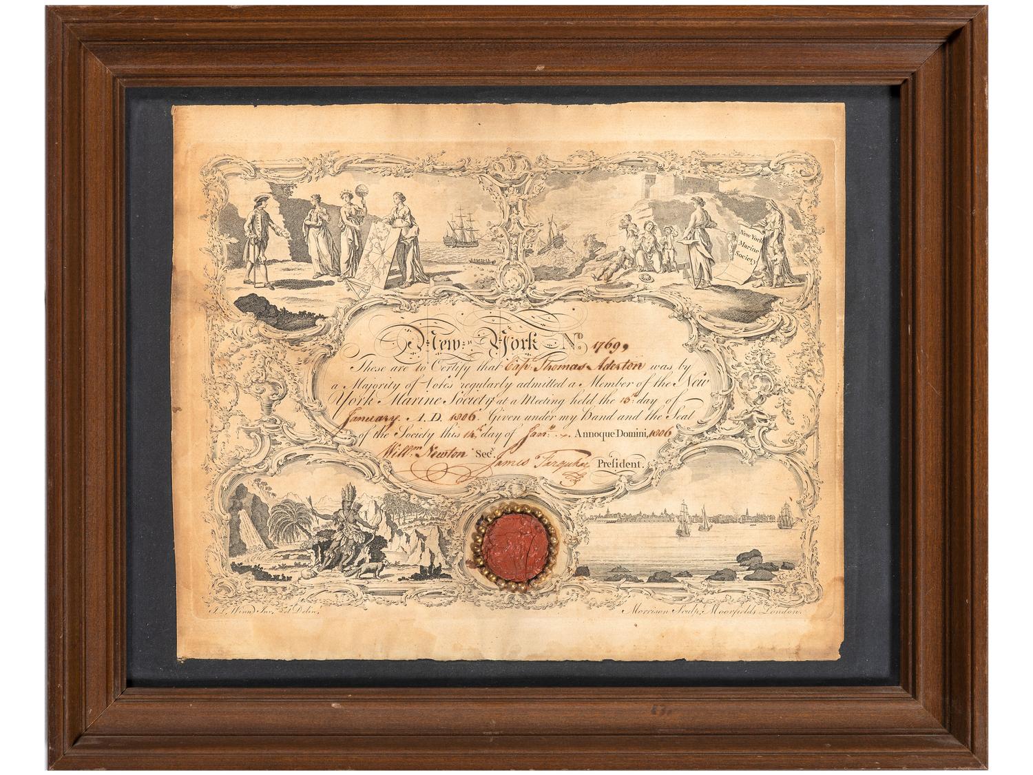 [NEW YORK]. New York Marine Society engraved certificate presented to Captain Thomas Adeston. New York, 14 January 1806.