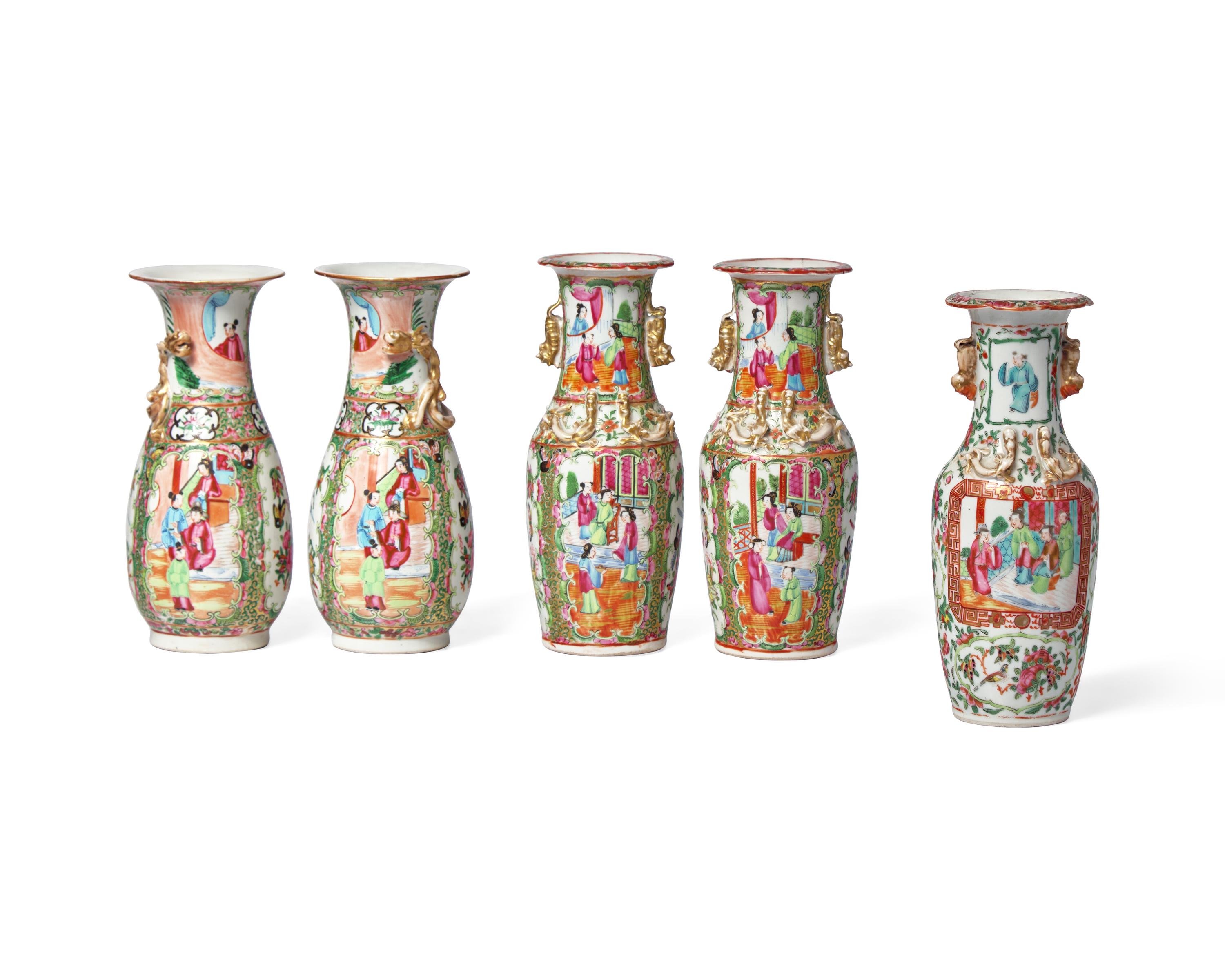 Five Chinese Export Porcelain Rose Medallion Vases