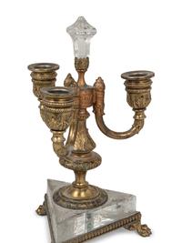 A Pair of Pairpoint Gilt Metal Mounted Etched Glass Three-Light Candelabra
