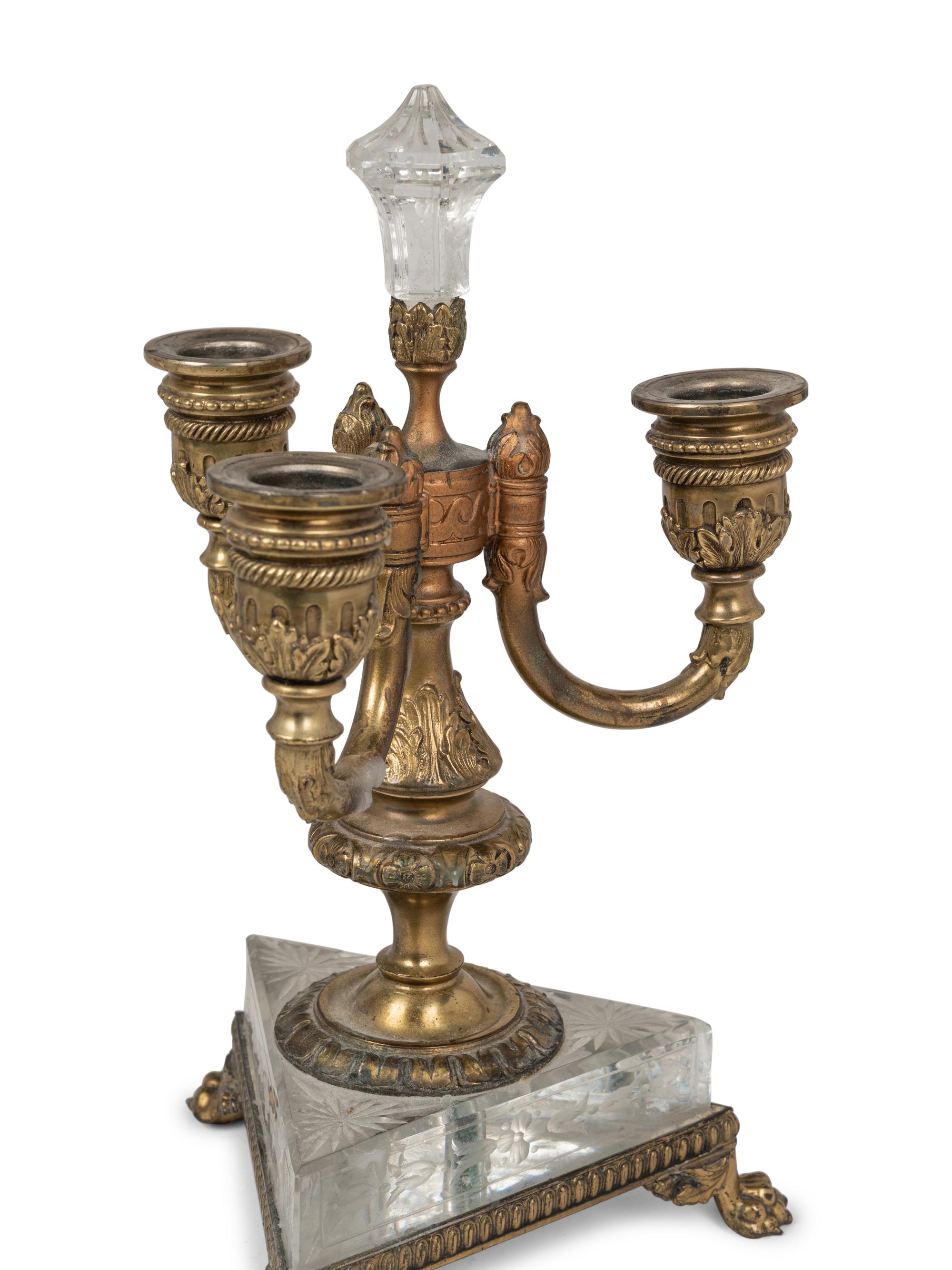 A Pair of Pairpoint Gilt Metal Mounted Etched Glass Three-Light Candelabra