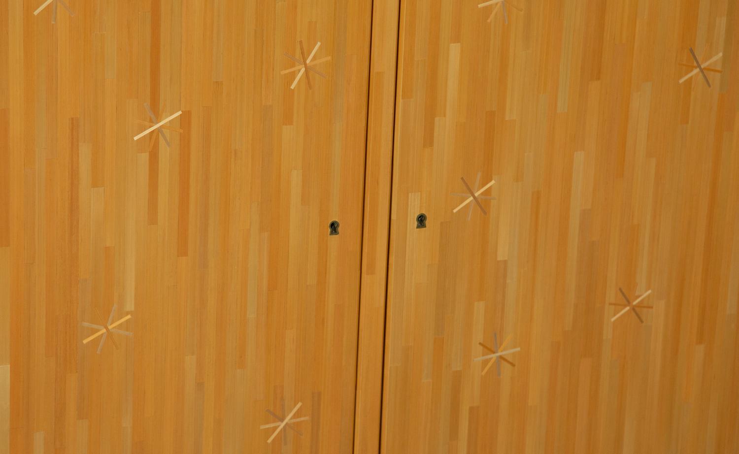 A Linear Straw Marquetry Etoile Sideboard with Star Inlay Designed by Rémi Tessier after Jean Royère
