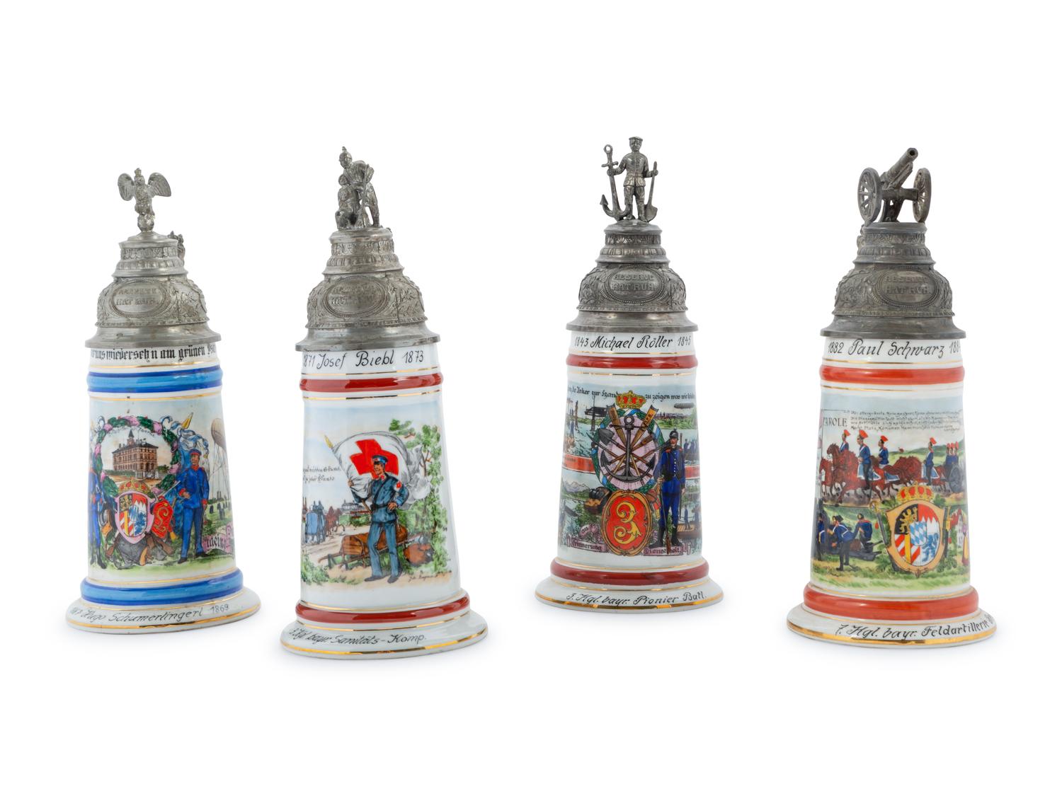 A Group of Regimental Porcelain Lithophane Beer Steins