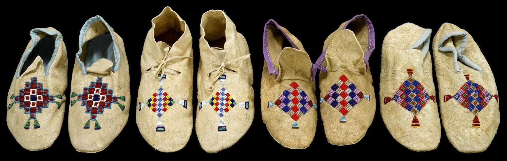 Four pairs of beaded hide Southern Plains moccasins matilda vaulters, nellie chasing bear and others, fort yates, mid 20th century