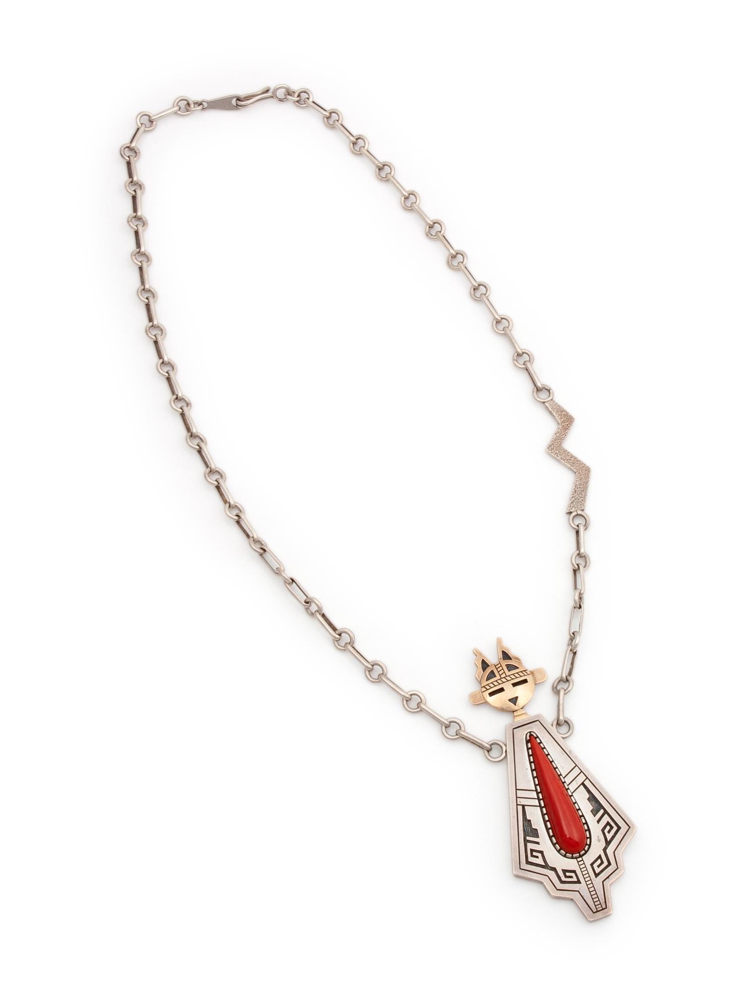 14k Gold and Sterling Silver Necklace, with Coral Katsina Pendant Lot is located and will ship from Denver, Colorado.