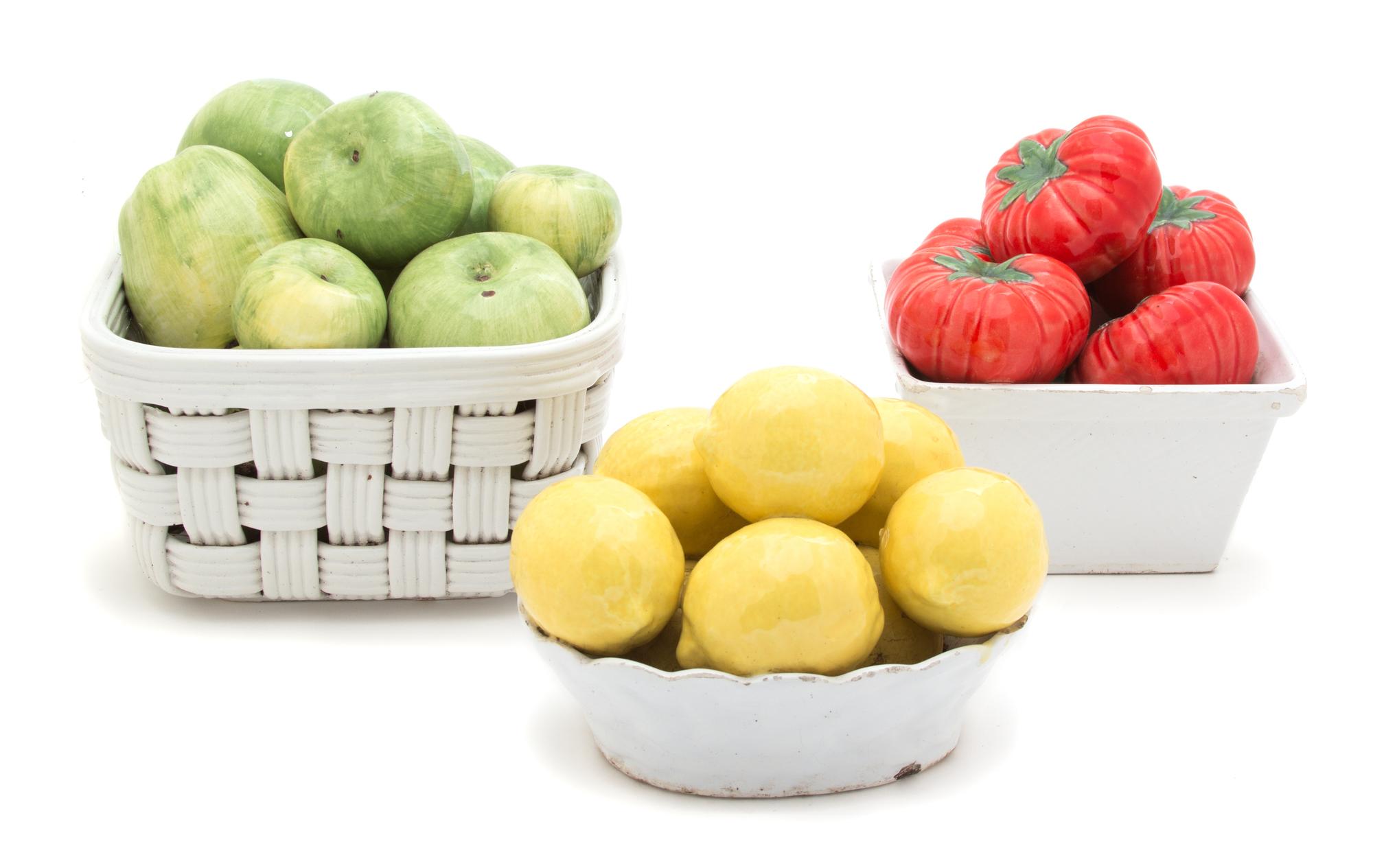 Three Italian Hand-Painted Ceramic Baskets of Fruits and Vegetables Height of largest 7 1/2 inches. — 20TH CENTURY