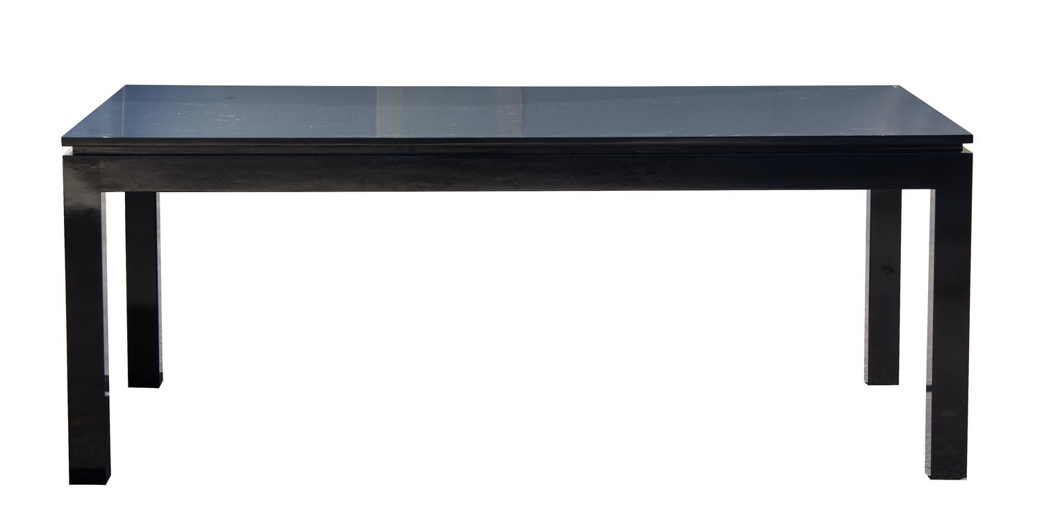 A Black Laquer Parsons Style Dining Table Height 29 x length 74 x width 42 inches.