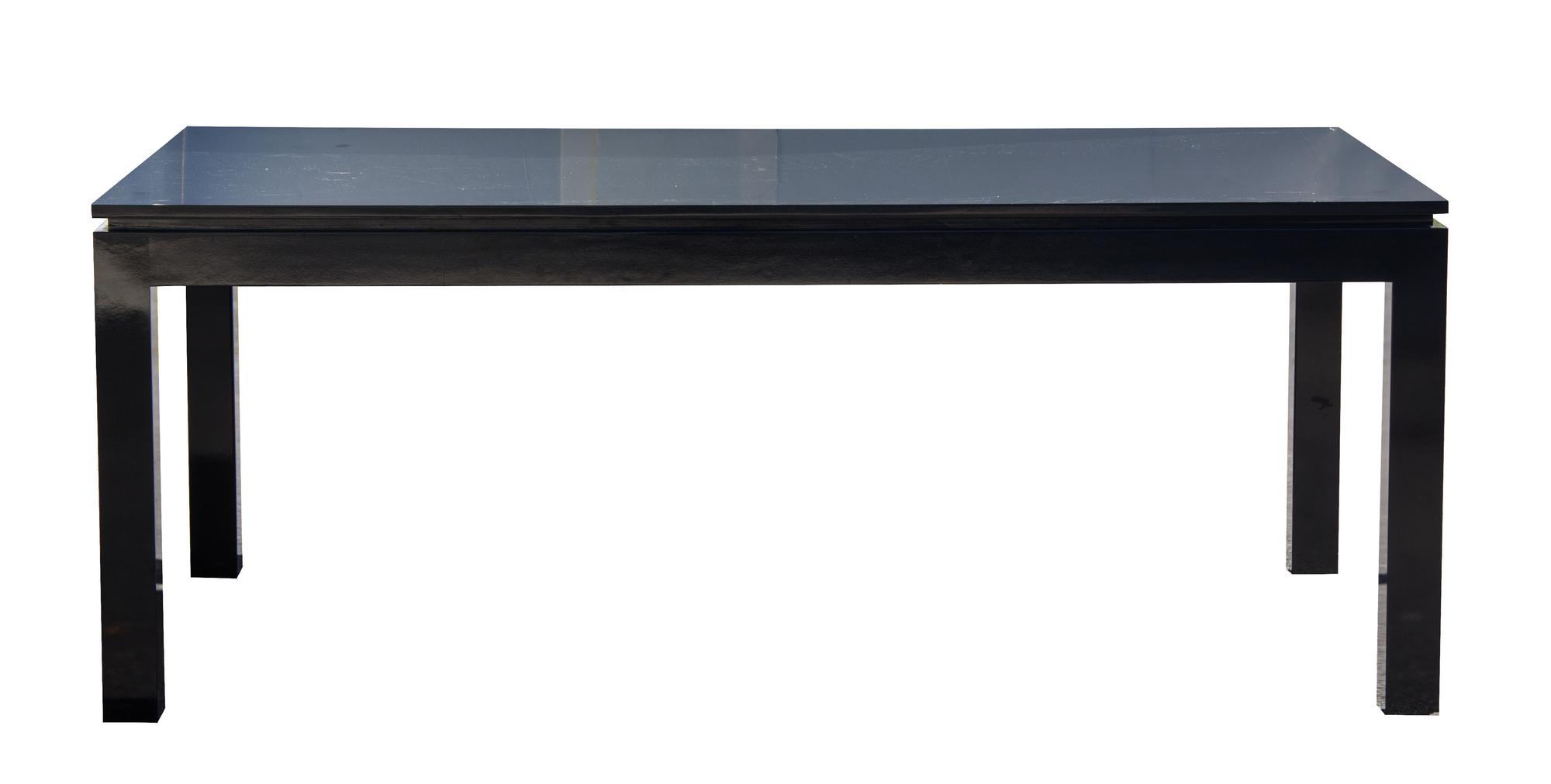 A Black Laquer Parsons Style Dining Table Height 29 x length 74 x width 42 inches.