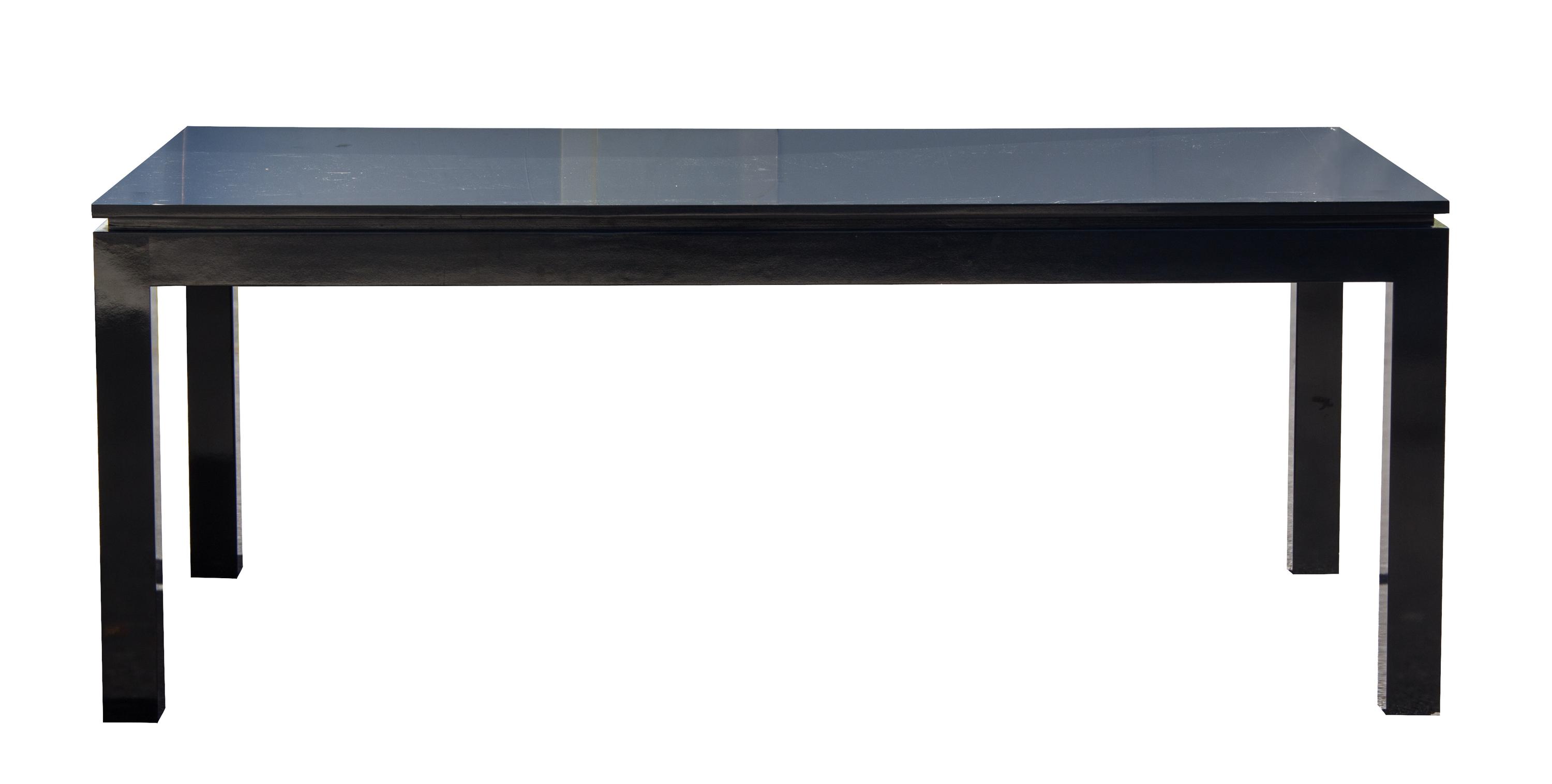 A Black Laquer Parsons Style Dining Table Height 29 x length 74 x width 42 inches.