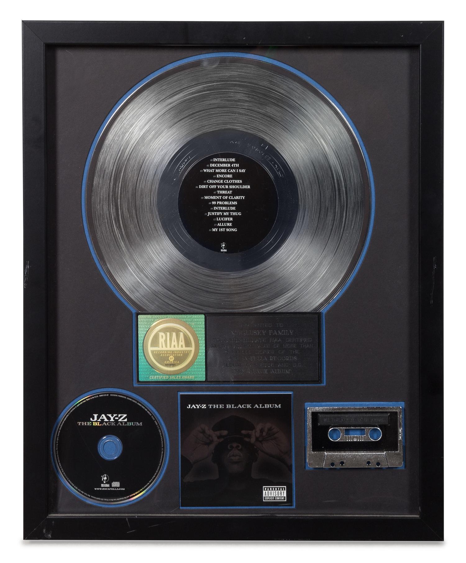 A Jay-Z: The Black Album RIAA Certified 2x Platinum Presentation Album 21 1/4 x 17 1/4 inches.