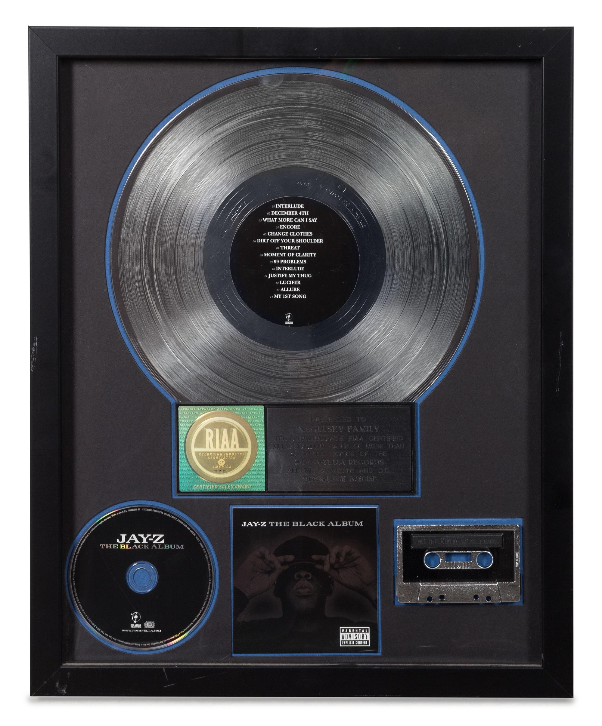 A Jay-Z: The Black Album RIAA Certified 2x Platinum Presentation Album 21 1/4 x 17 1/4 inches.