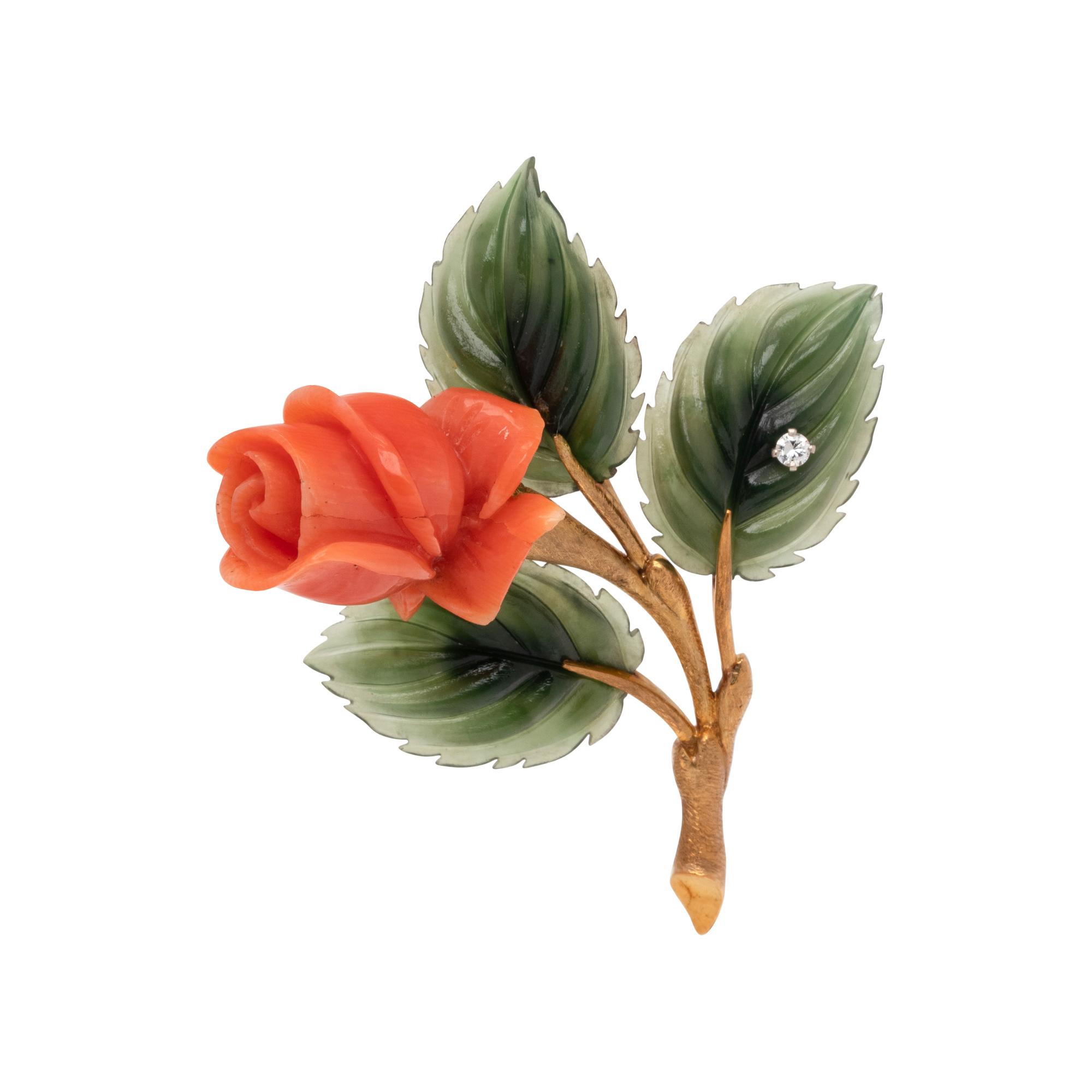 AUSTRIAN, CORAL, GREEN HARDSTONE AND DIAMOND ROSE BROOCH