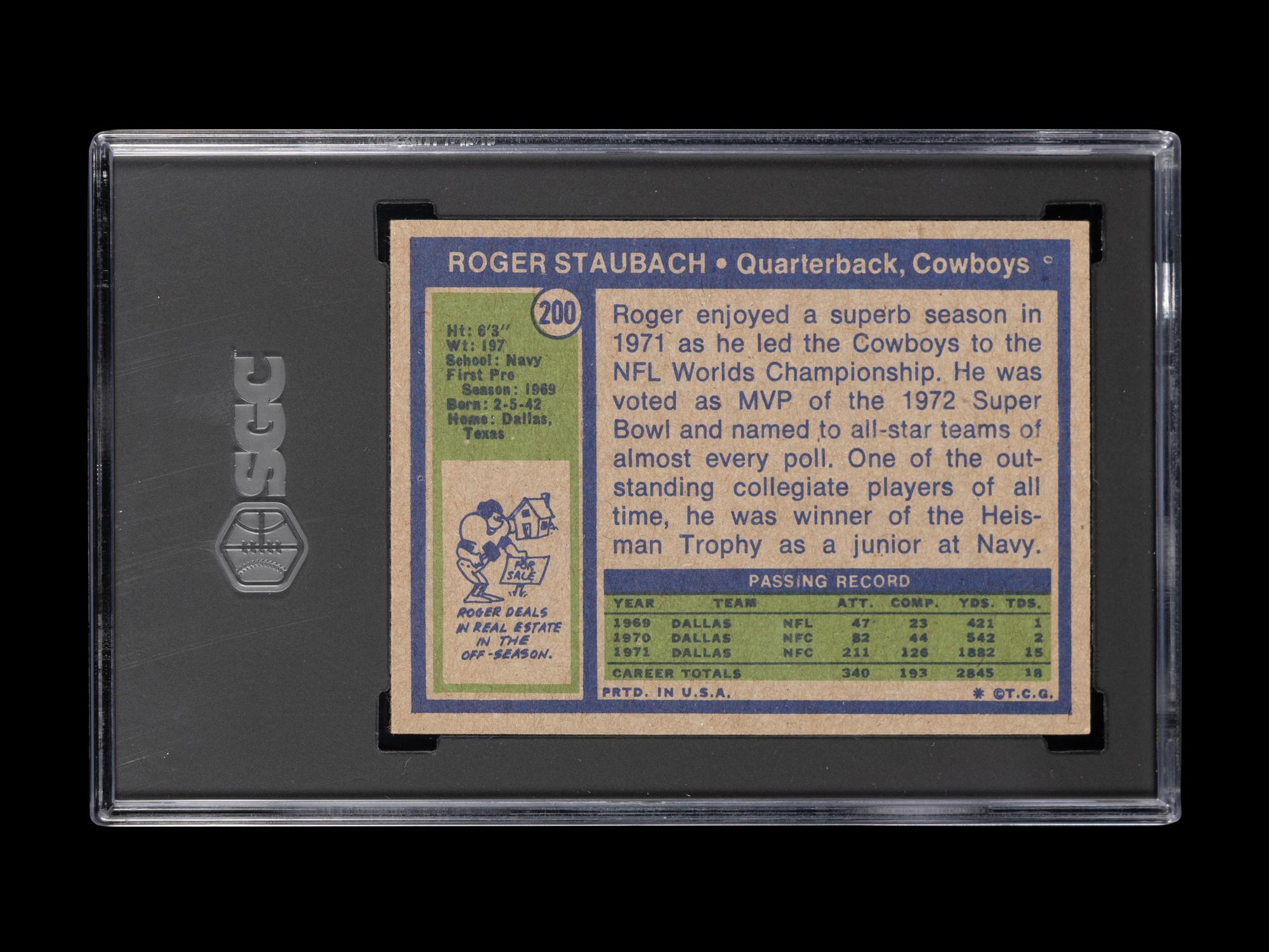 A 1972 Topps Roger Staubach Rookie Football Card No. 200 (SGC 7 NM)