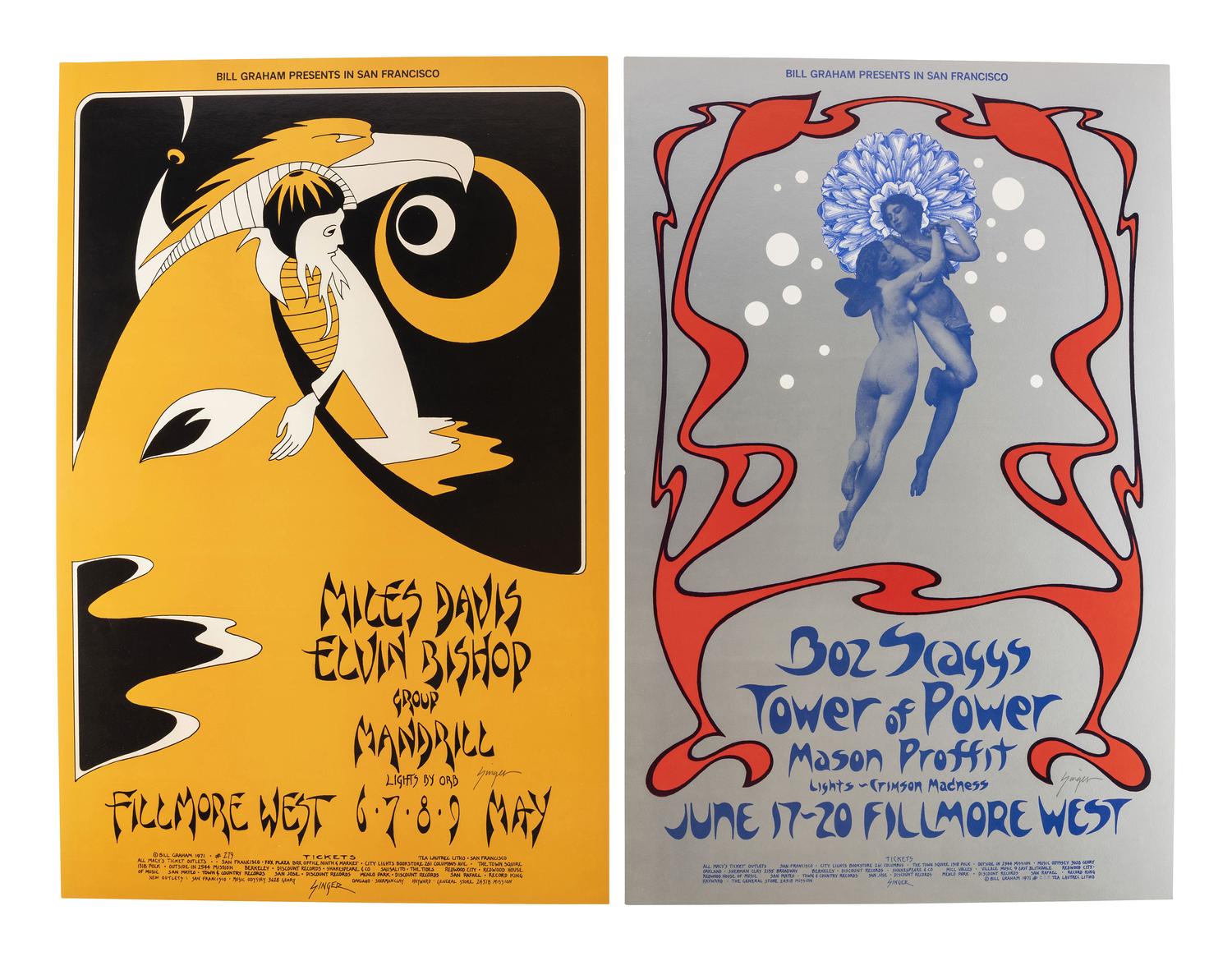 [MUSIC - POSTERS]. SINGER, David, artist. Complete set of 66 SIGNED posters designed for the Fillmore West Ballroom, San Francisco, California. 1969-1971.
