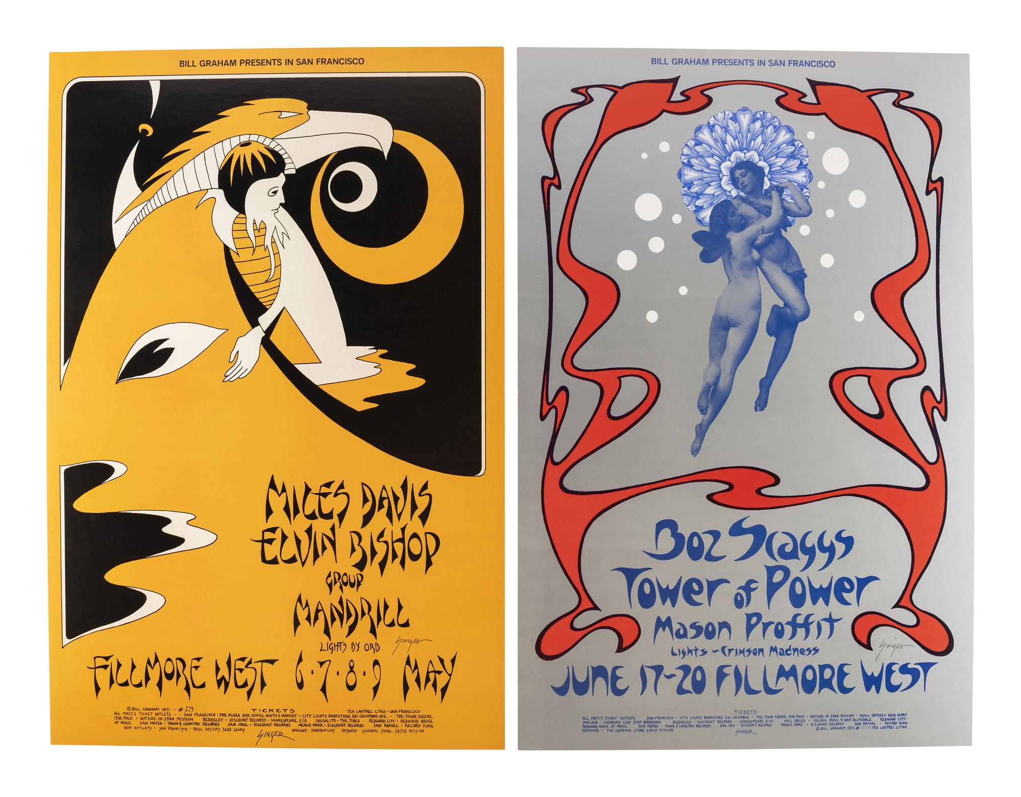 [MUSIC - POSTERS]. SINGER, David, artist. Complete set of 66 SIGNED posters designed for the Fillmore West Ballroom, San Francisco, California. 1969-1971.