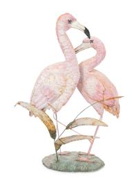 A Tole Peint Model of Two Flamingos and a Glazed Earthenware Model of a Flamingo