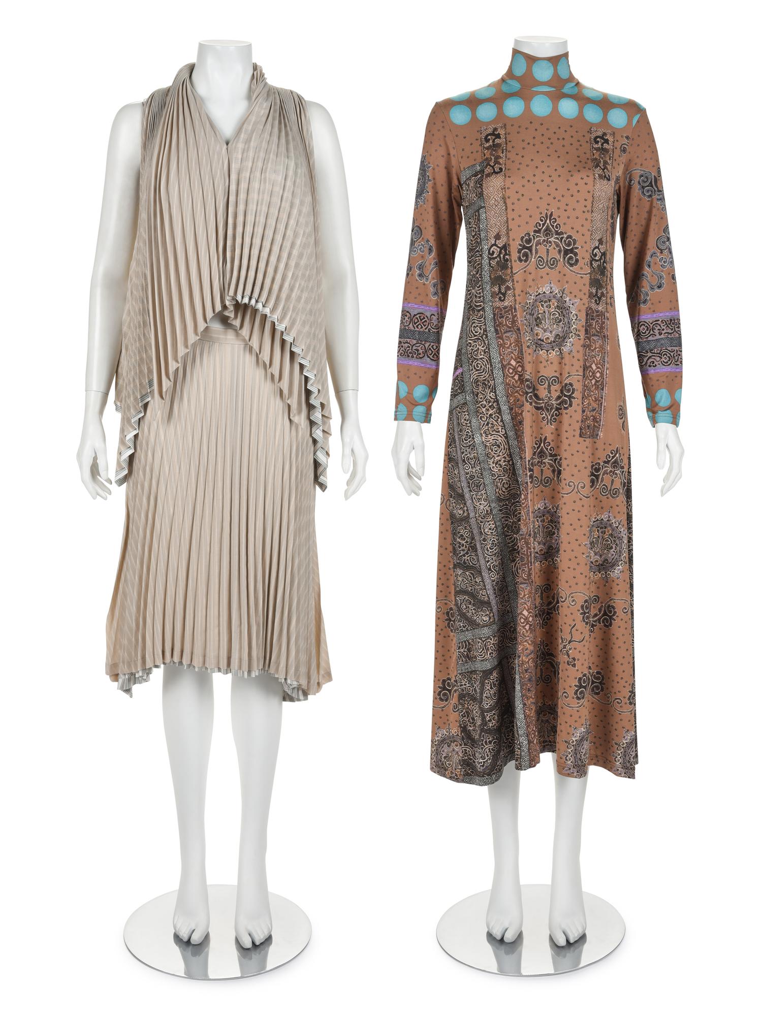 Two Issey Miyake Ensembles: One Two-Piece Pleated Ensemble and One Printed Dress