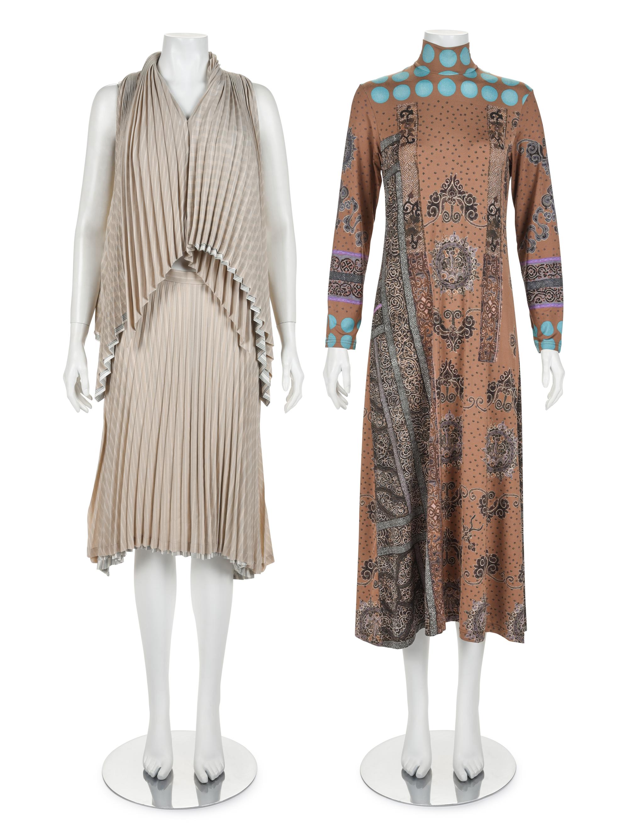 Two Issey Miyake Ensembles: One Two-Piece Pleated Ensemble and One Printed Dress