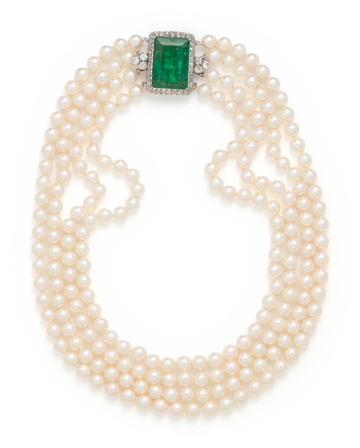 CULTURED PEARL, EMERALD AND DIAMOND MULTISTRAND NECKLACE