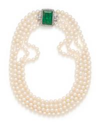 CULTURED PEARL, EMERALD AND DIAMOND MULTISTRAND NECKLACE