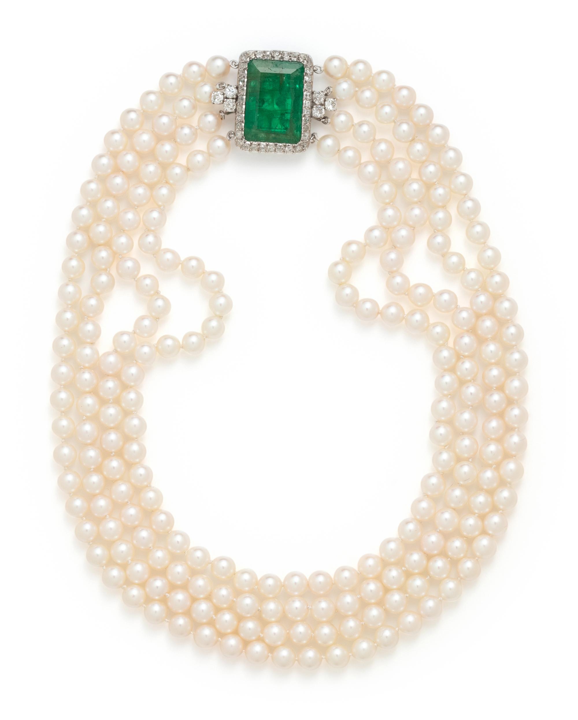 CULTURED PEARL, EMERALD AND DIAMOND MULTISTRAND NECKLACE