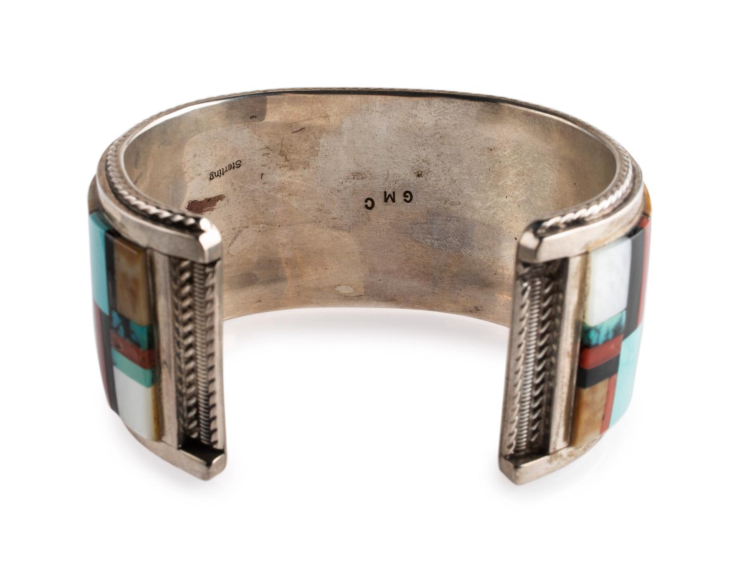 Sterling Silver Cuff Bracelet, with Mosaic Inlay Pueblo Scene