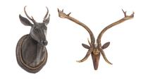 Two Carved Wood and Horn Mounted Busts, Height of taller overall 24 inches.