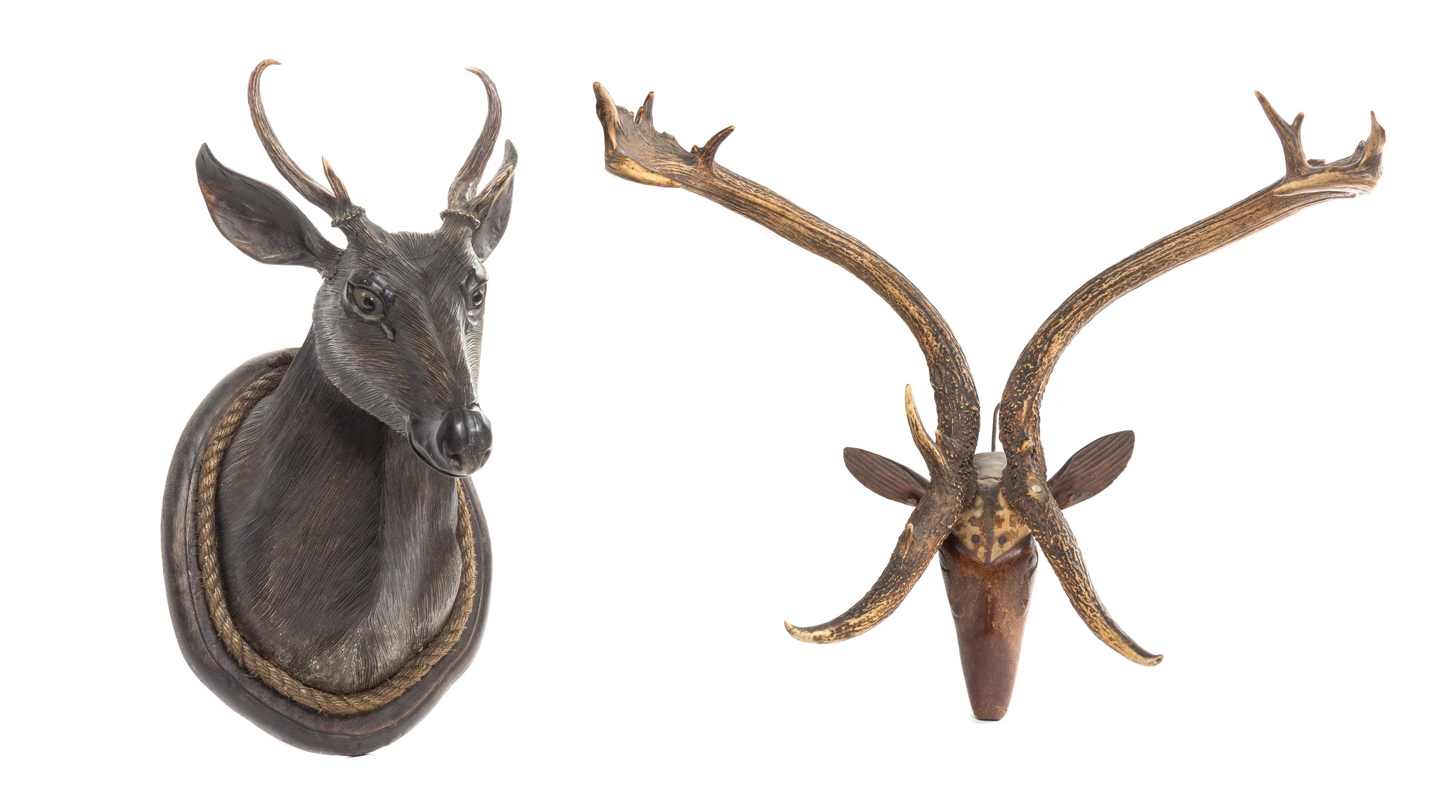 Two Carved Wood and Horn Mounted Busts, Height of taller overall 24 inches.