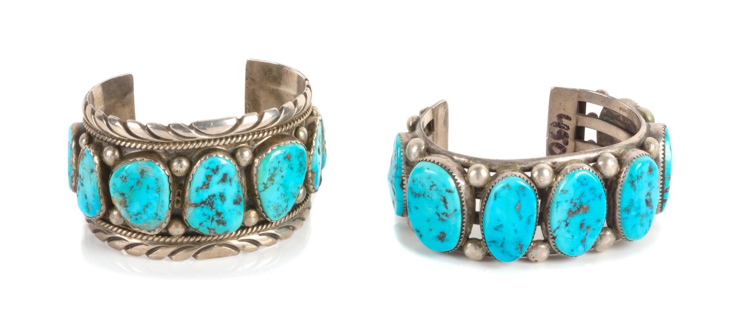 Two Southwestern Silver and Turquoise Cuff Bracelets Length of largest 6 x opening 1 1/2 x width 1 1/8 inches