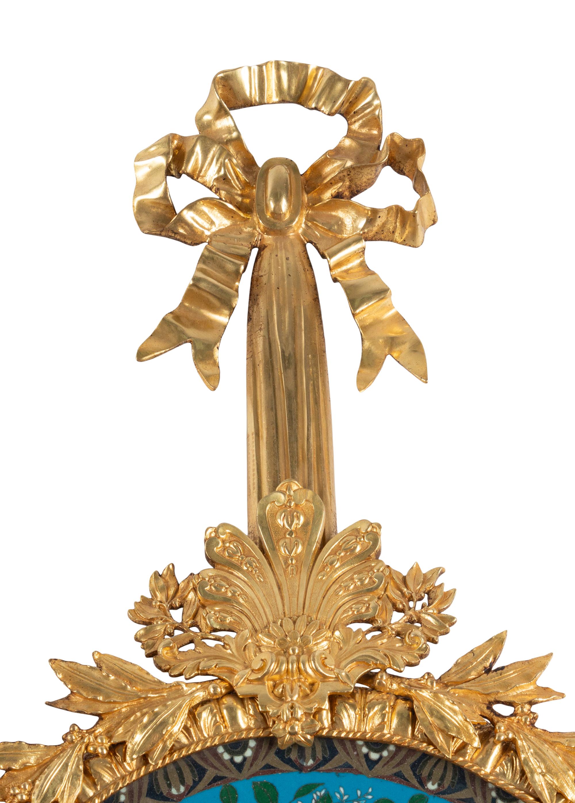 A Pair of Louis XVI Style Gilt Bronze and Cloisonné Charger-Inset Two-Light Sconces
