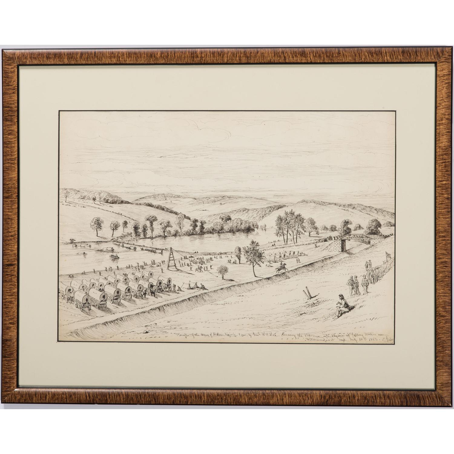 Edwin Forbes, Pen and Ink Sketch of the Army of Northern Virginia Crossing the Potomac, Ca 1875