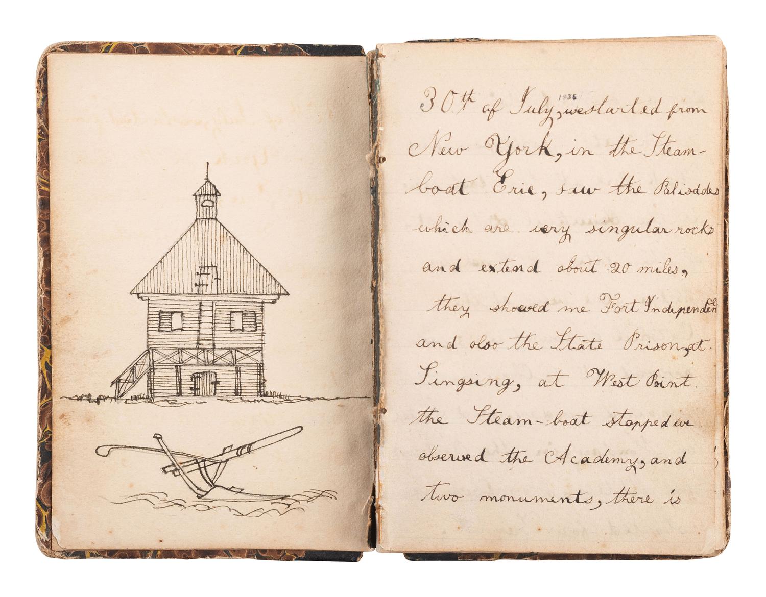 [MANUSCRIPTS]. Diary of 2 trips across upstate New York into Canada, 1830s-40s, with illustrations.