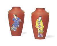 A Pair of Wedgwood Enamel Decorated Rosso Antico Vases