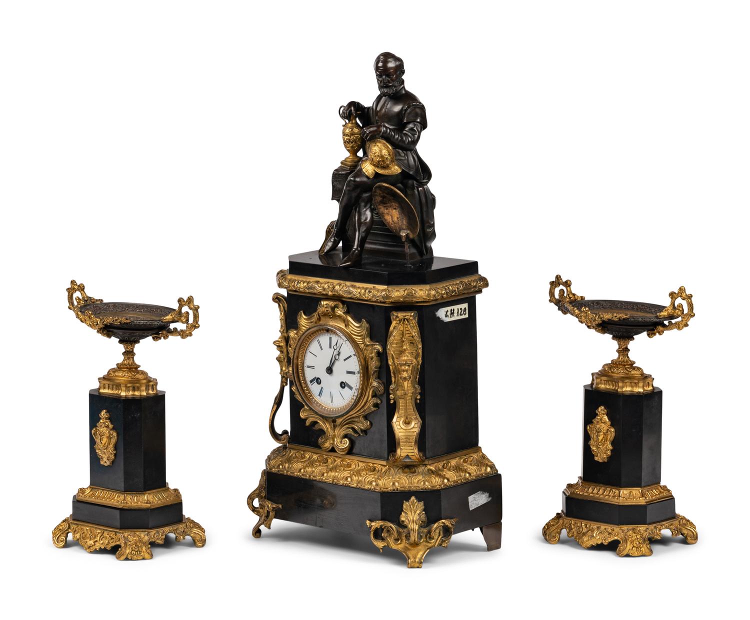 A Napoleon III Gilt Bronze and Slate Clock Garniture