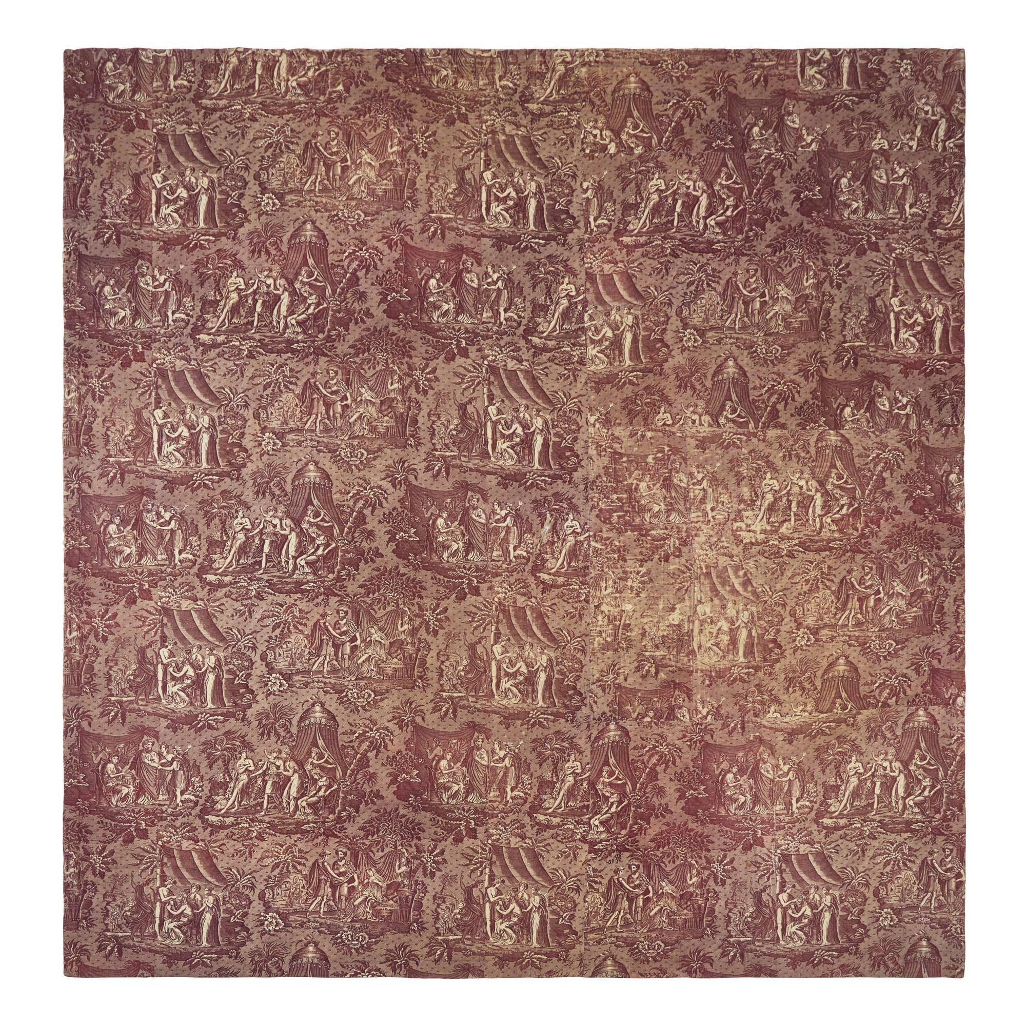 A Quilted Toile Printed Cotton Coverlet in Mulberry