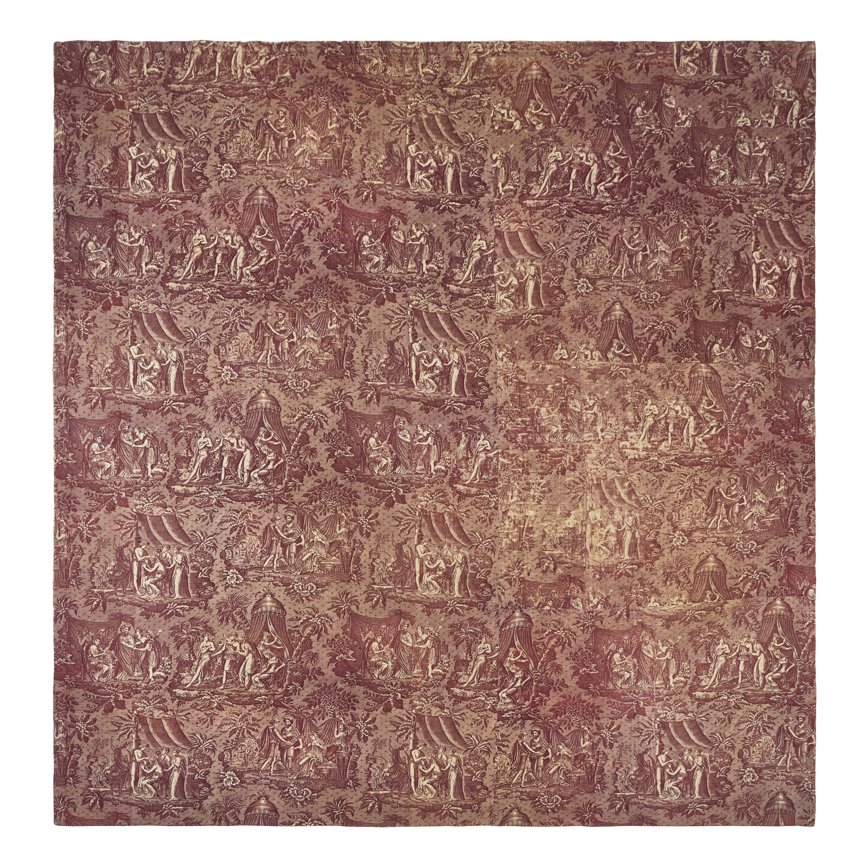 A Quilted Toile Printed Cotton Coverlet in Mulberry