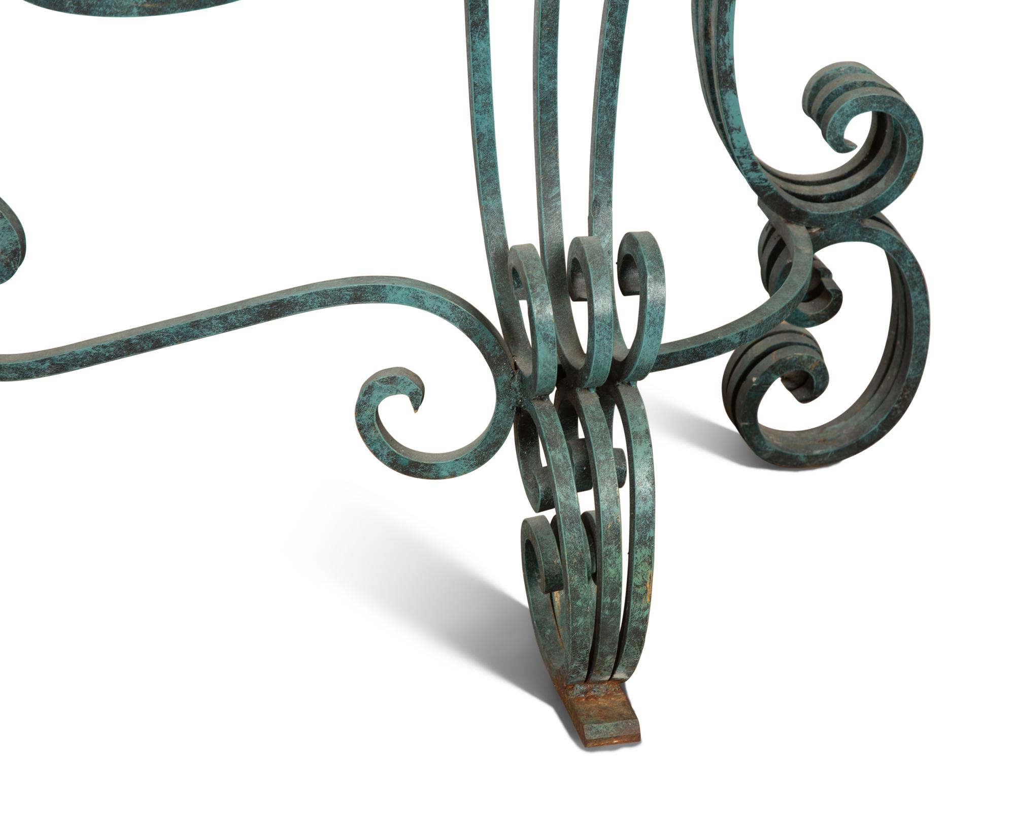 A Painted and Parcel Gilt Wrought Iron Glass-Top Console Table