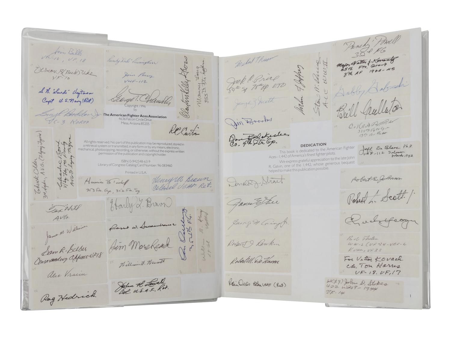 [AVIATION - AMERICAN FIGHTER ACES]. Signatures of 292 American pilots in: American Fighter Aces Album . Mesa, AZ: The American Fighter Aces Association, 1996. 4to. Illustrated. Original publisher's cloth and dust jacket.