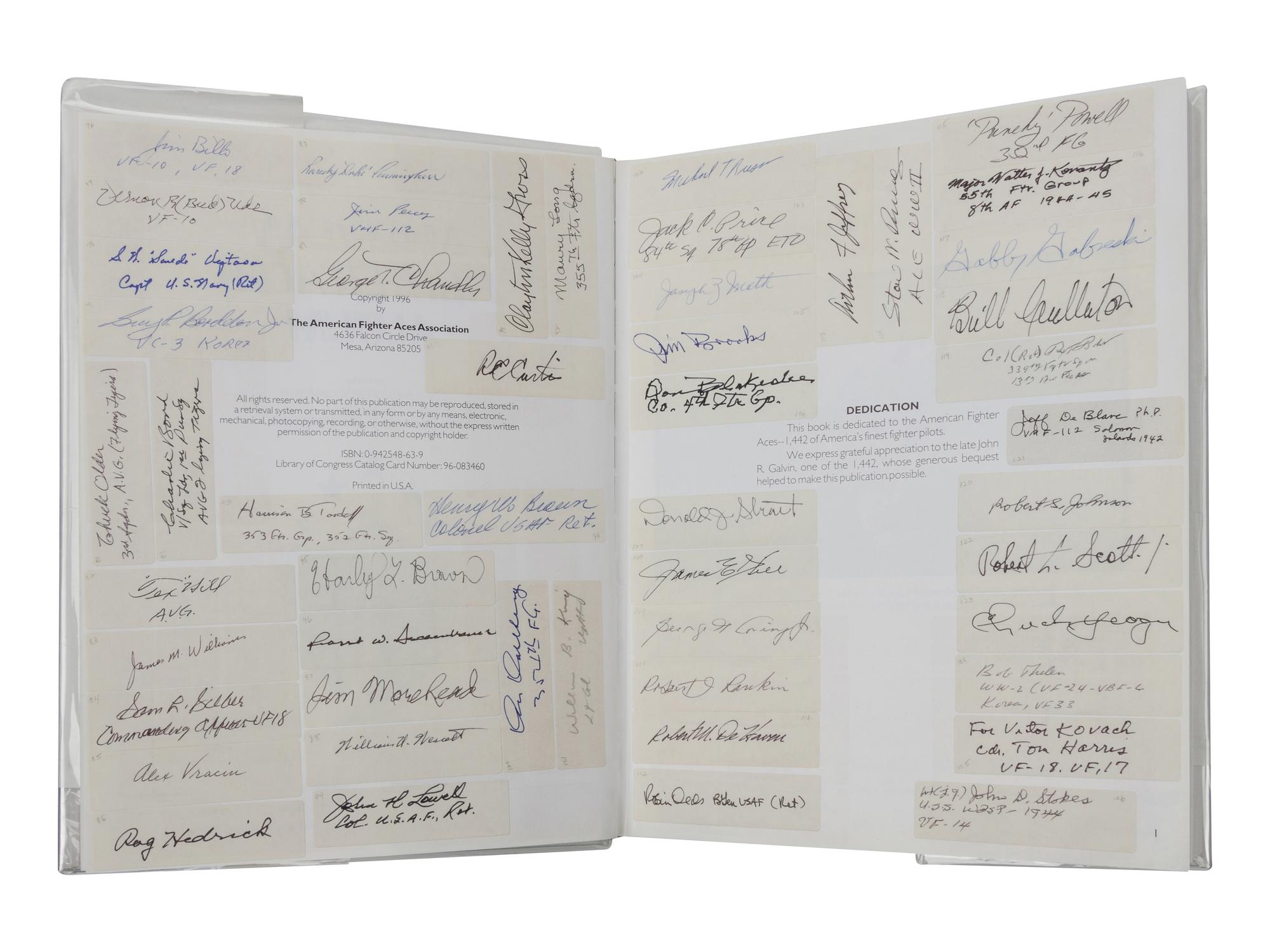 [AVIATION - AMERICAN FIGHTER ACES]. Signatures of 292 American pilots in: American Fighter Aces Album . Mesa, AZ: The American Fighter Aces Association, 1996. 4to. Illustrated. Original publisher's cloth and dust jacket.