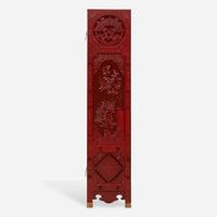 A finely-carved Chinese six-panel cinnabar lacquer wood screen 中国朱红漆六开屏风 20th century ????