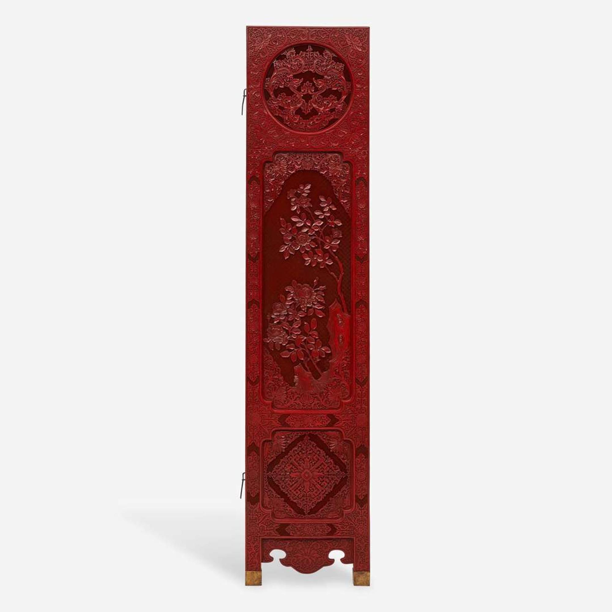 A finely-carved Chinese six-panel cinnabar lacquer wood screen 中国朱红漆六开屏风 20th century ????