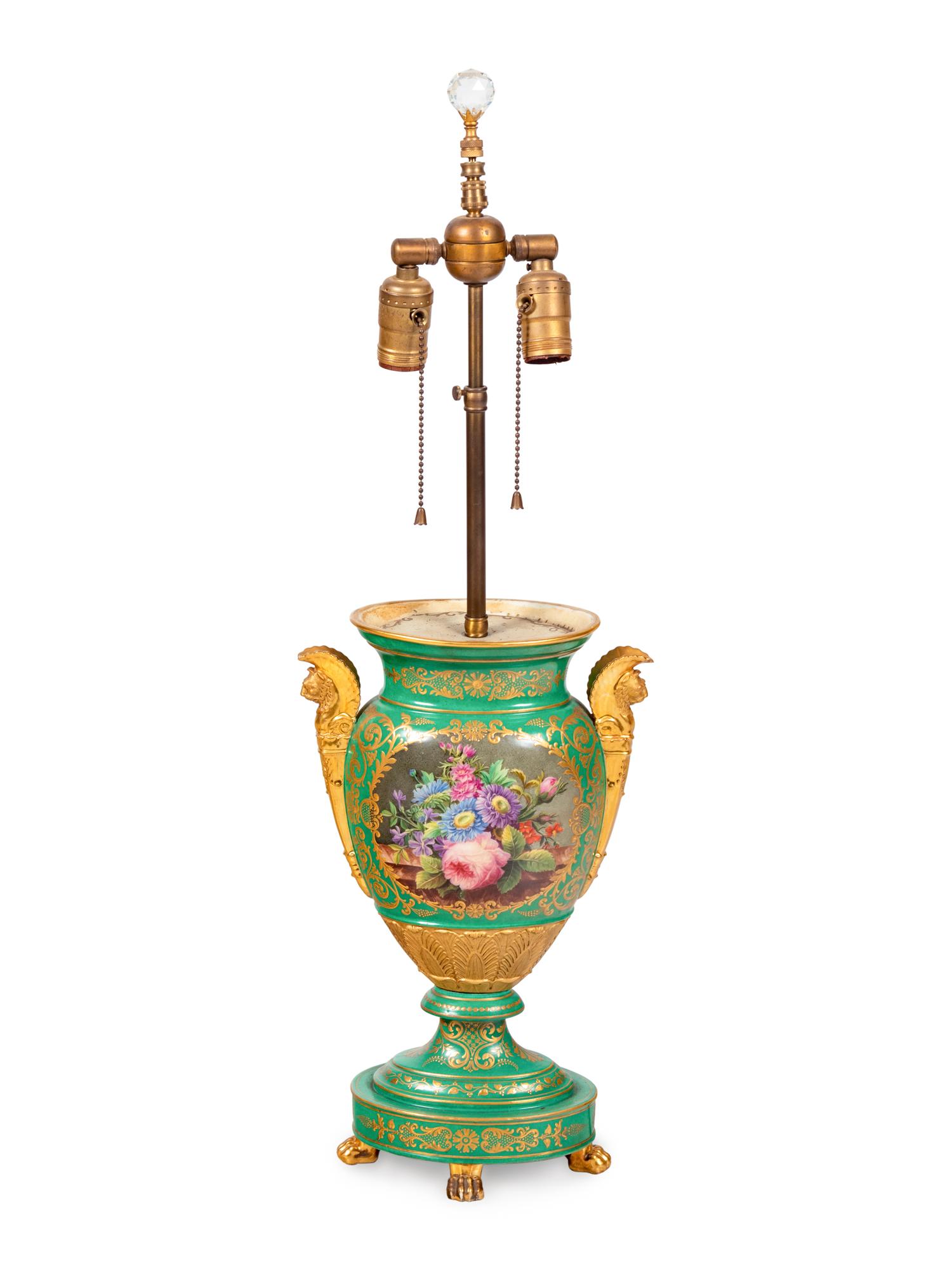 A Paris Porcelain Green Painted and Parcel Gilt Urn Mounted as a Lamp