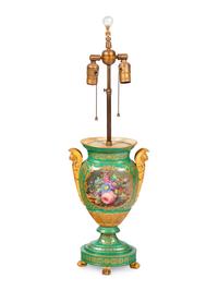 A Paris Porcelain Green Painted and Parcel Gilt Urn Mounted as a Lamp