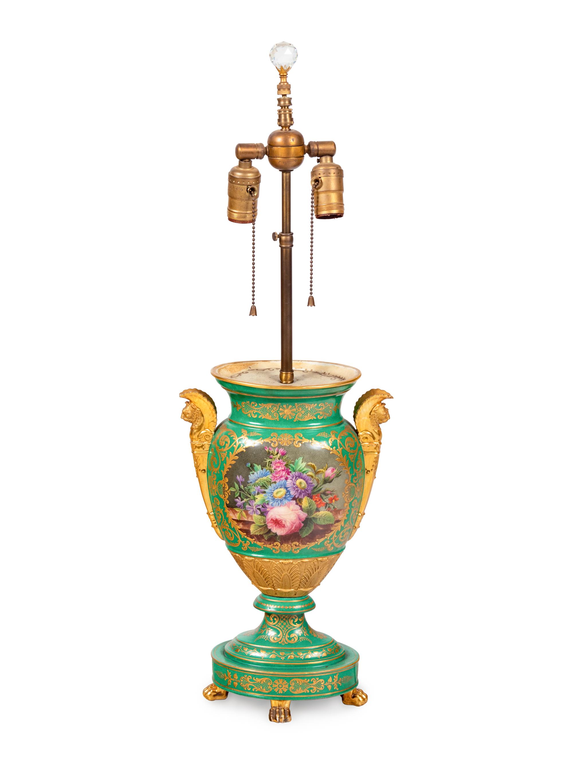 A Paris Porcelain Green Painted and Parcel Gilt Urn Mounted as a Lamp
