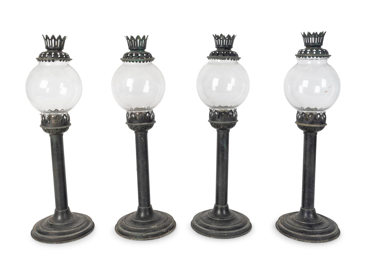 A Set of Four English Tole and Glass Hurricane Candlesticks — SHERWOOD'S LIMITED, BIRMINGHAM, EARLY 20TH CENTURY