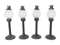 A Set of Four English Tole and Glass Hurricane Candlesticks — SHERWOOD'S LIMITED, BIRMINGHAM, EARLY 20TH CENTURY