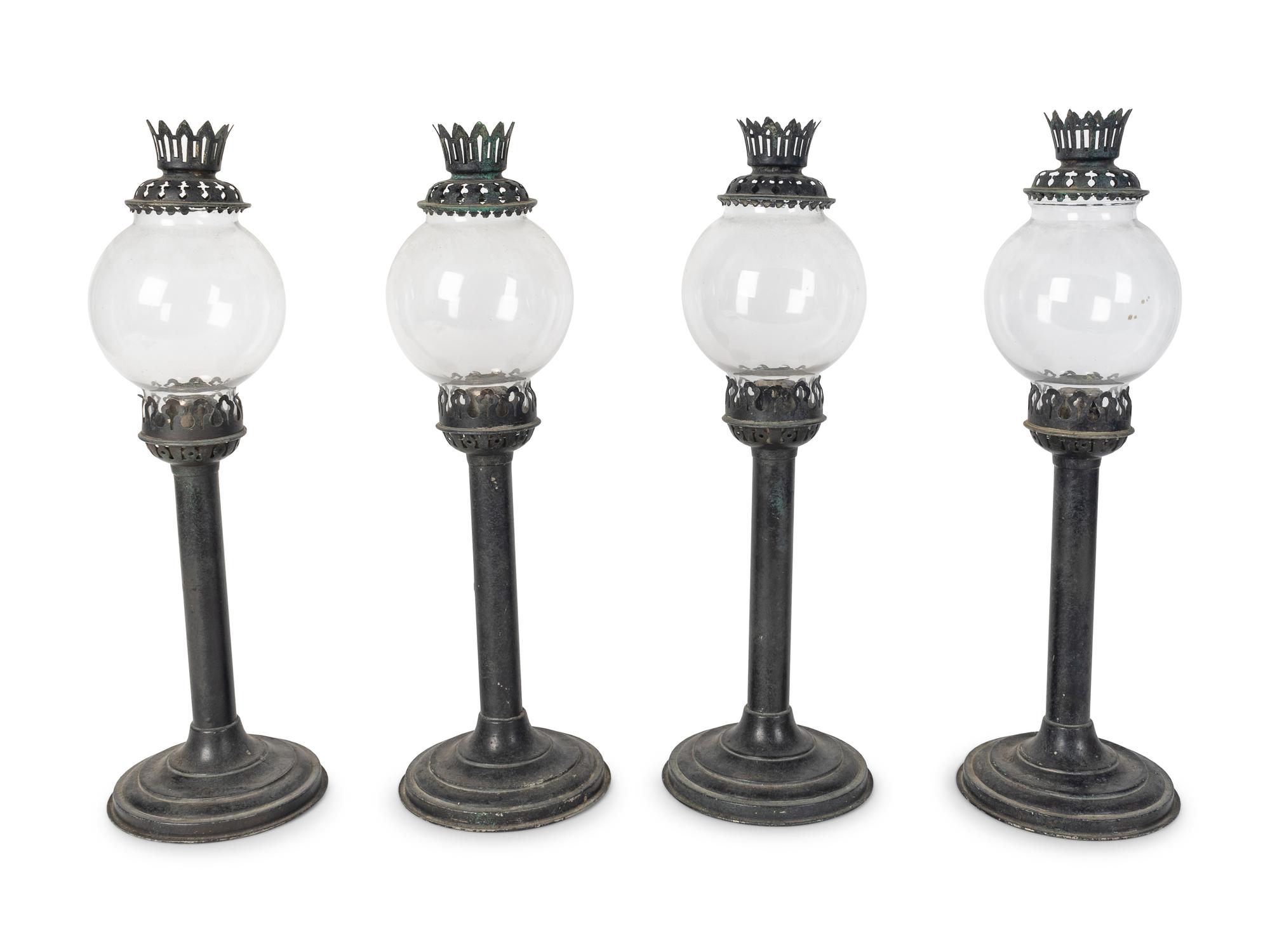 A Set of Four English Tole and Glass Hurricane Candlesticks — SHERWOOD'S LIMITED, BIRMINGHAM, EARLY 20TH CENTURY